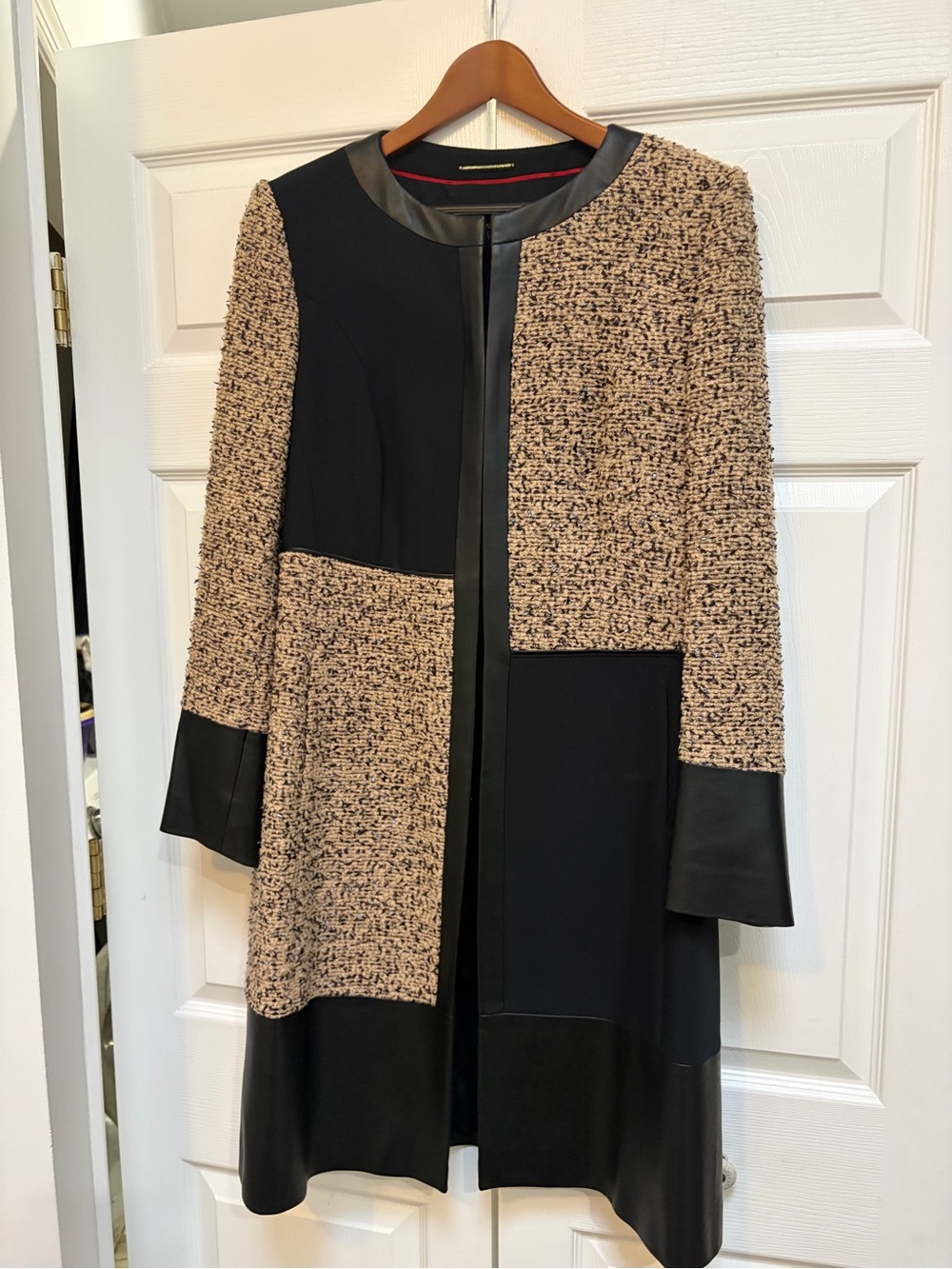 Black & Beige Textured Panel leather Long Coat